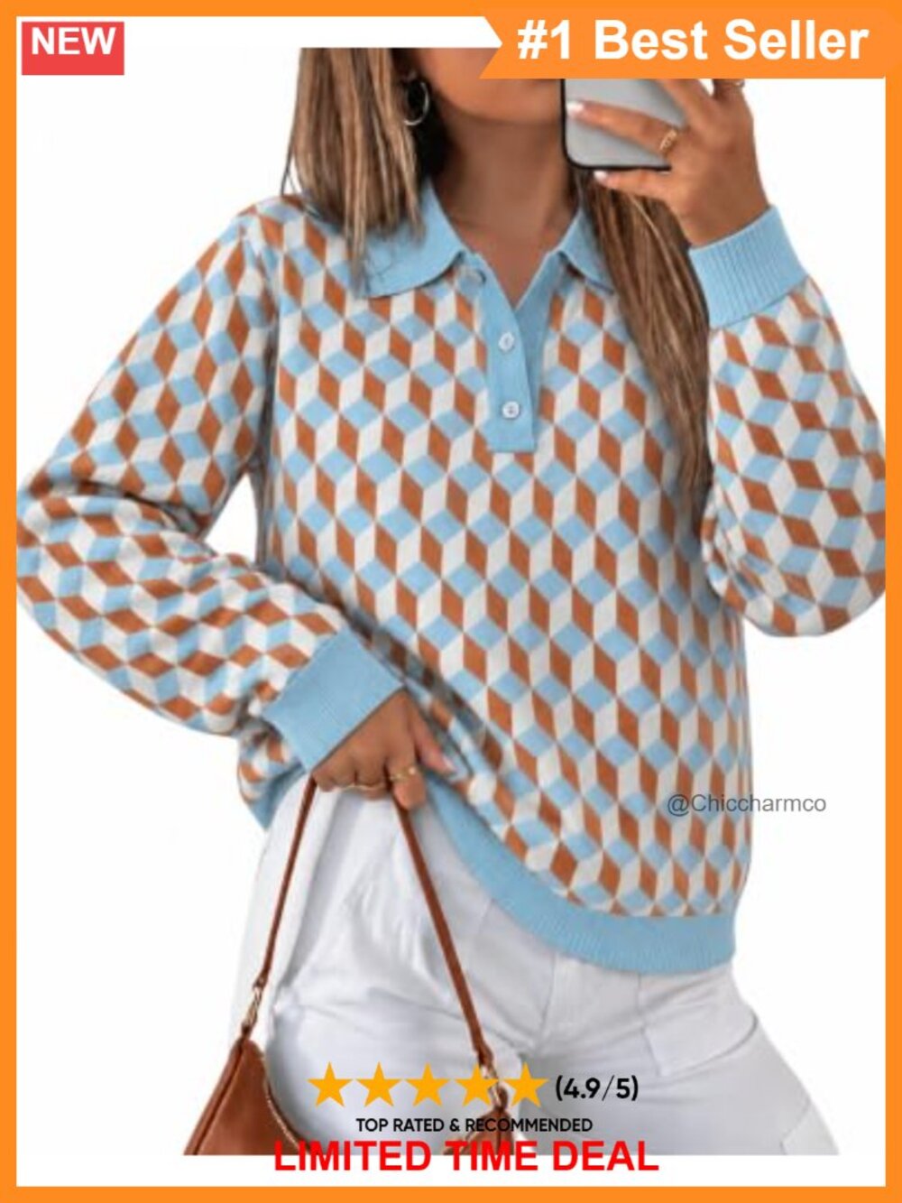 Knit Polo Sweater Women Argyle Plaid Long Sleeve Preppy Fall Layering Top